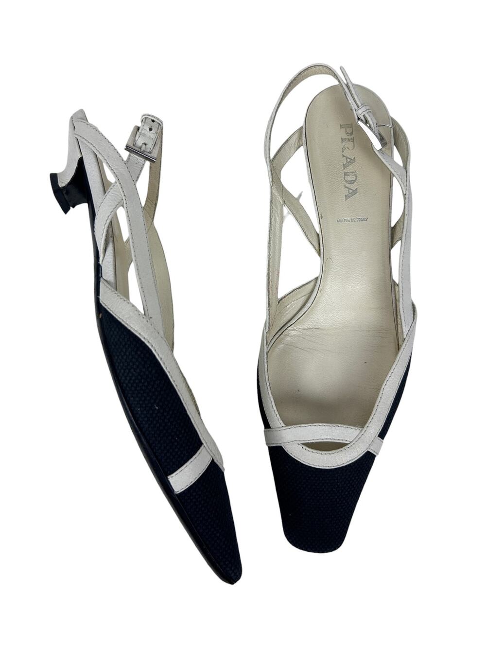 Prada Black White Leather trim Square Tie Kitten Toe Slingback Heels 7